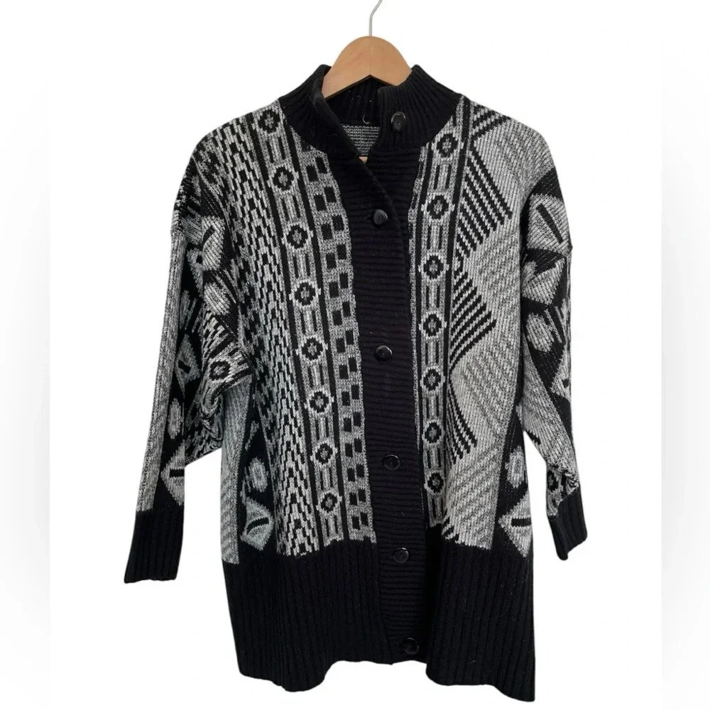 Vintage Grandpa Chunky Knit Button Cardigan Black Gray Size L - Picture 2 of 6